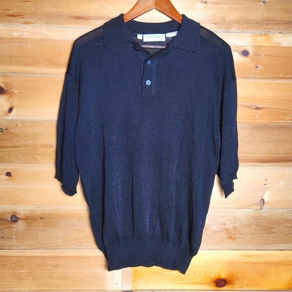 Vintage Jhane Barnes Heavy Knit Mesh Collared Shirt Mens L Black Short Sleeve